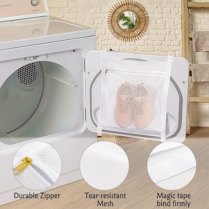 Sneaker Wash & Dry Net Bag for Dryer,15.7x13.8 Inch Large HoneyComber Mesh Bags with Zipper and Strap for Shoes, Clothing, Laundry Reused Bag Tool, 3 Pcs - Image 3
