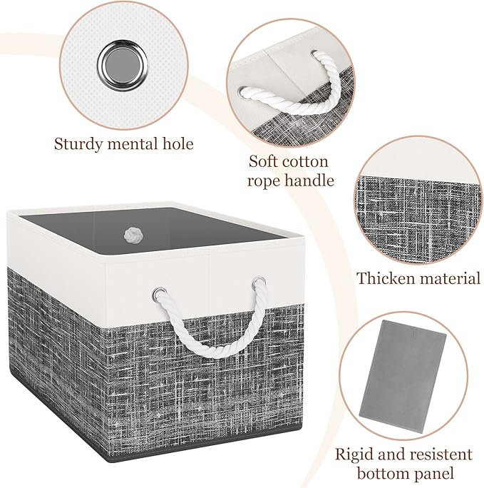 Storage Bin,Collapsible Storage Basket For Organizing,Large Storage Boxes With Rope Handles,Storage Containers,White & Black,6 Pack - Image 3