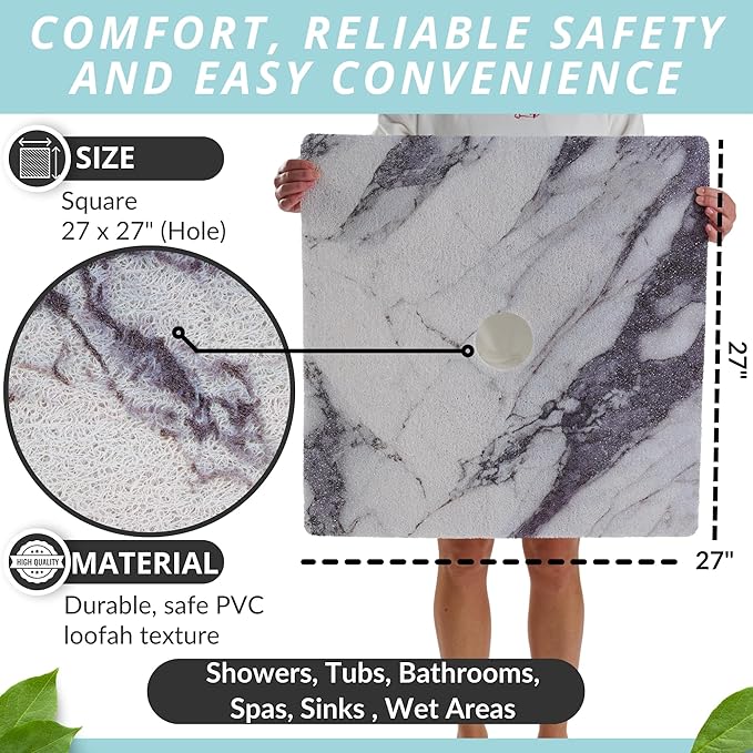 Shower Mat with Center Drain Hole - Secure Loofah Non Slip Shower Mats for Inside Shower - 27x27 Square Bath Mats for Shower - Anti Slip Shower Stall Mat - Square Shower Floor Mat (27x27 Blue Gray) - Image 3