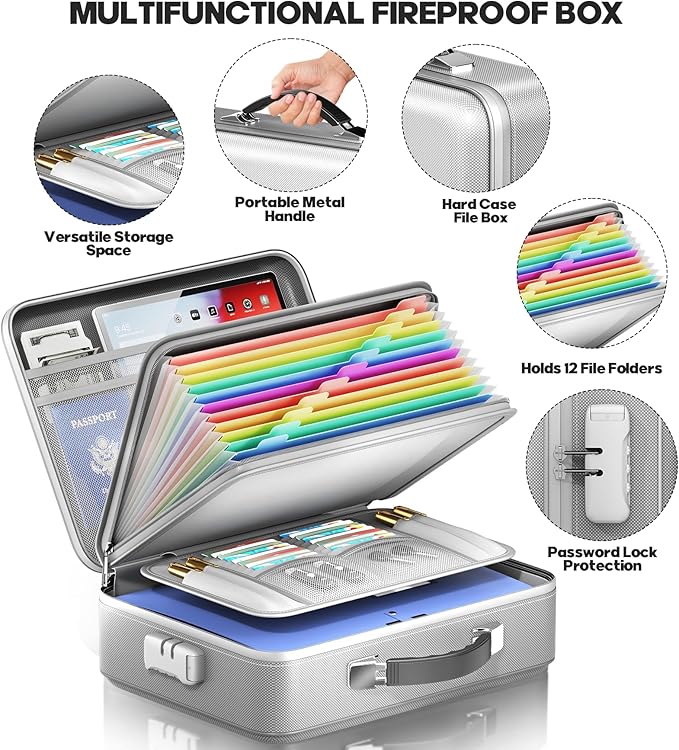 Fireproof Document Box, Hard Case Highly Flame-Resistant Fire Proof Waterproof File Organizer with Lock, Portable Fire Safe for Important Documents & Valuables Storage (Gray, ‎15"*11"*5") - Image 5