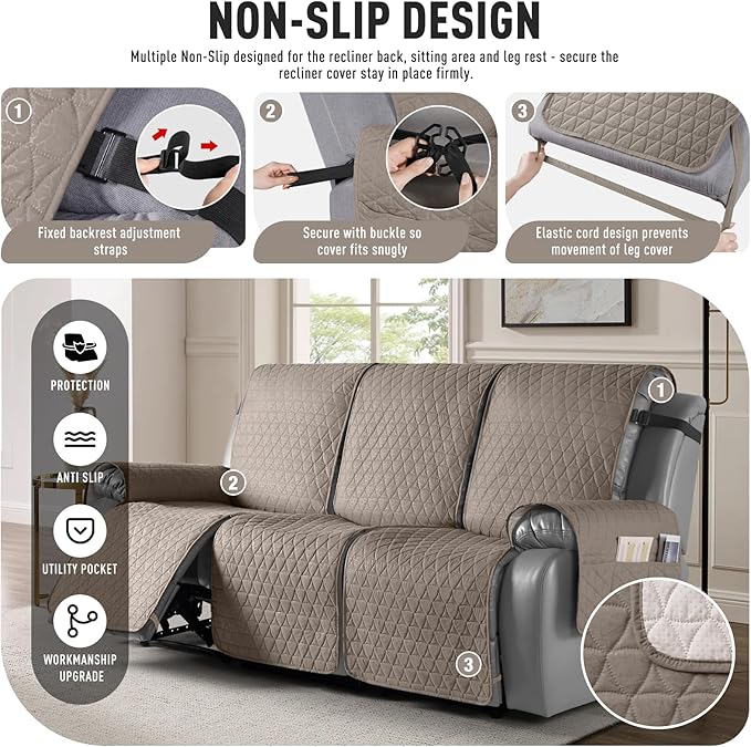 TAOCOCO 100% Waterproof Recliner Cover, Non-Slip Washable Reclining Couch Cover with Elastic Leg Straps, Furniture Protector for Dogs (Taupe, 3 Seater) - Image 5