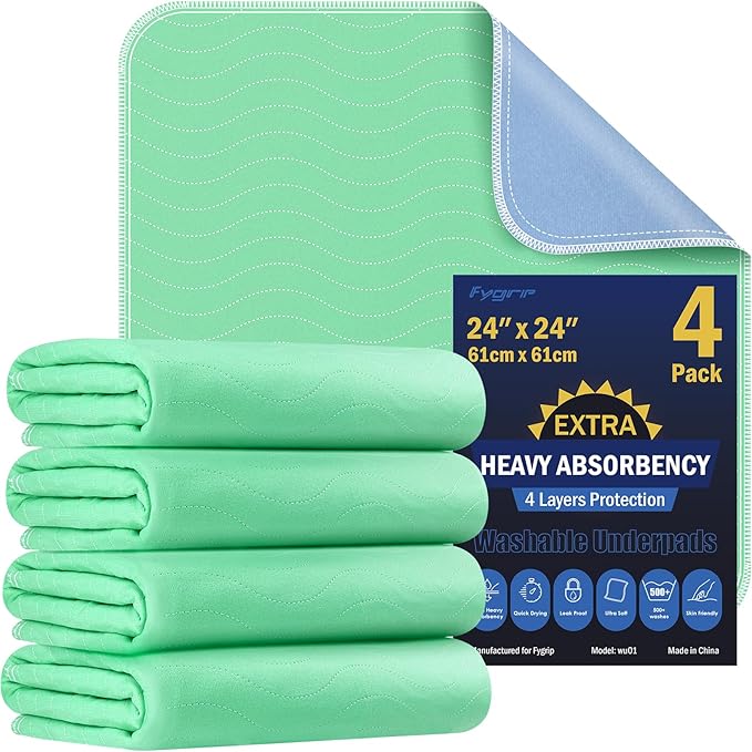 4 Pack 24” x 24” Extra Heavy Absorbency Washable Underpads, Waterproof Nursing Pads Incontinence Bed Pads, Reusable Washable Pee Pads for Dogs, Diaper Changing & Adults, Washable Puppy Pads by Fygrip