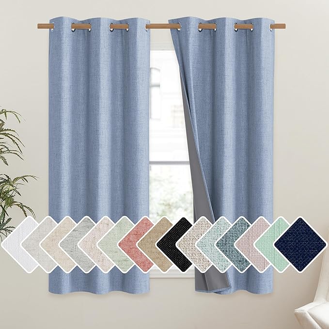 NICETOWN Stone Blue Vintage Linen 100% Blackout Curtains for Dining Room, Thermal Insulated Curtains 45" Long, Noise Reducing Window Treatment Drapes for Kitchen, 42" Wide Per Panel, Set of 2 by NICETOWN