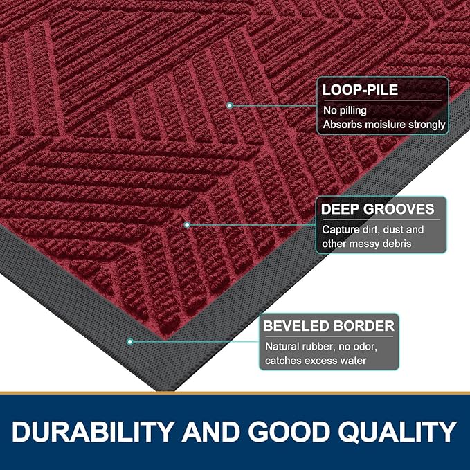 Smiry Half Circle Front Door Mat Outside Entrance, Heavy Duty Sturdy Natural Rubber Doormat, Trap Dirt and Moisture, Low Profile Mats for Indoor Outdoor Entry, Irregular Triangle (47x32, Wine Red) - Image 4
