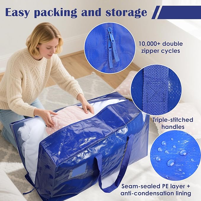 6 Pack Extra Large Heavy Duty Moving Bags with Reinforced Zipper & Wide Handles, Moisture-Resistant Storage Bins Packing Cubes for Clothes, College Dorm, Travel, and Home Organization, Blue - Image 3