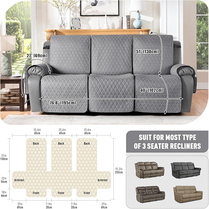 TAOCOCO 100% Waterproof Recliner Cover, Non-Slip Washable Reclining Couch Cover with Elastic Leg Straps, Furniture Protector for Dogs (Light Gray, 3 Seater) - Image 3