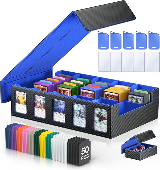 Trading Card Storage Box 5-Row 3900+ Capacity,TCG MTG Card Case with Magnetic Lid & Commander Display,Top Loader Storage for Sports Cards,Includes Dividers Dice Box（Black＆Blue） by MORCCO