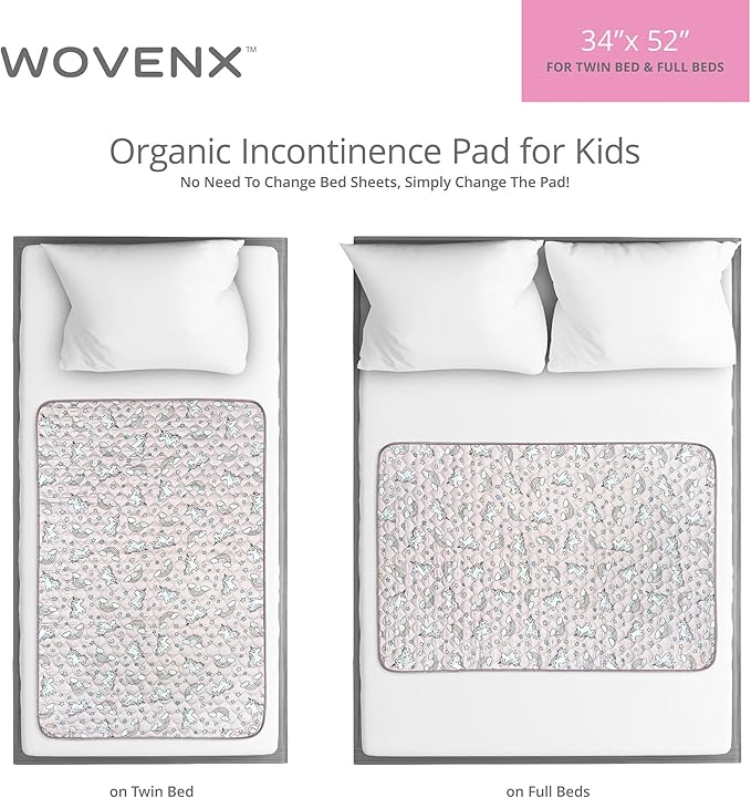 Organic Incontinence Pads for Kids & Toddlers - 5 Layer Waterproof Protectors for Overnight Bed Wetting - Reusable & Washable Pee Pads - Fits Twin to Full Size Beds - 34" x 52" Unicorn - Image 4