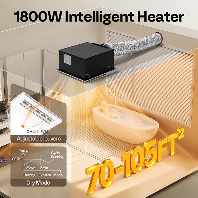 VIVOHOME Bathroom Exhaust Fan with 1800W PTC Heater, Humidity Sensor & LED Light, Ceiling Mount Ventilation Fan, 160 CFM DC Motor, 3 Color Temperatures, Remote Control, Oscillating Louver - Image 4