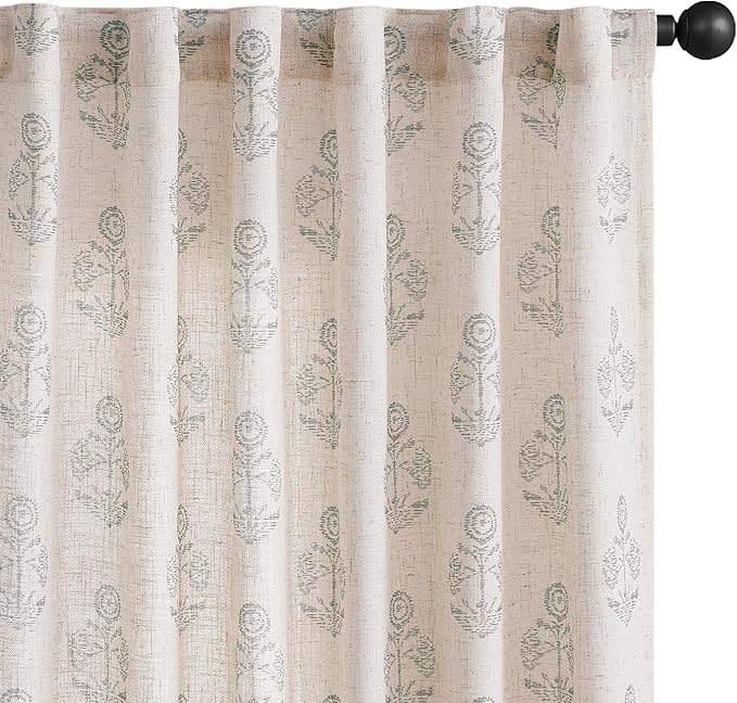 jinchan Linen Floral Curtains for Living Room 63 Inch Length Gray Flower Cottage Core Farmhouse Curtains Rod Pocket Back Tab Boho Semi Sheer Window Drapes Bedroom Set 2 Panels Grey on Beige by JINCHAN
