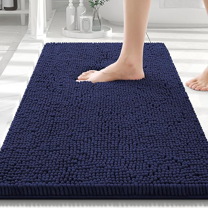 Smiry Luxury Chenille Bathroom Rugs 30x20, Extra Soft and Absorbent Shaggy Bath Mat, Machine Washable, Non-Slip Plush Carpet Runner for Tub, Shower, and Floor, Home Decor Accessories, Navy Blue by Smiry