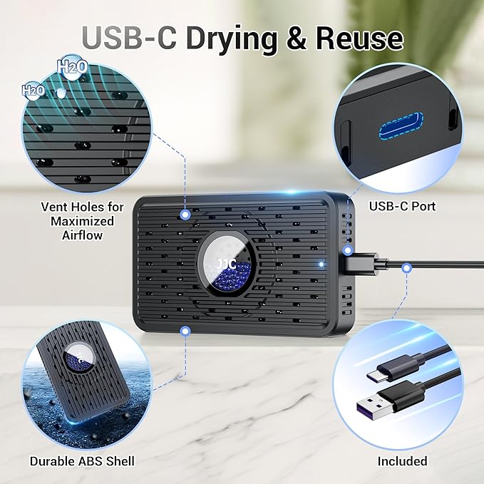 Auto Power-off USB Rechargeable Gun Safe Dehumidifier Desiccant,Small Reusable Moisture Absorber Silica Gel Packet for Safe 3D Printer Bathroom Bedroom Basement RV Closet Cabinet Windowsill Tent-White - Image 2