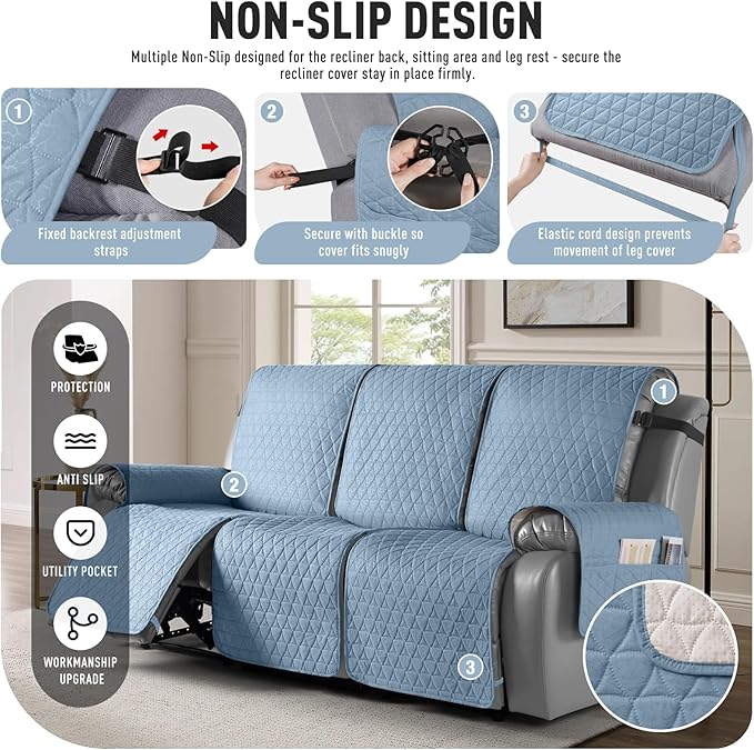 TAOCOCO 100% Waterproof Recliner Cover, Non-Slip Washable Reclining Couch Cover with Elastic Leg Straps, Furniture Protector for Dogs (Sky Blue, 3 Seater) - Image 5