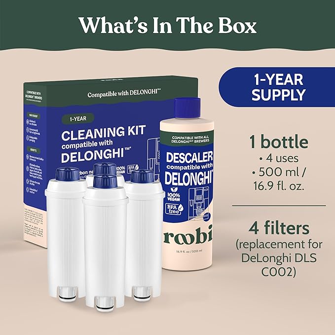 Roobi DeLonghi Compatible Cleaning Descaling Kit. Includes 1 Bottle of Descaling Solution and 4 DeLonghi Filters. Carbon Neutral DeLonghi Cleaner Descaler Kit. 1 Year Supply. - Image 2