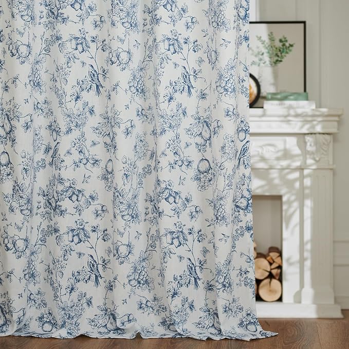 jinchan Linen Floral Curtains for Living Room 84 Inch Length Blue Printed Flower French Country Curtain Farmhouse Cottage Core Toile Curtains Back Tab Light Filtering Window Drapes Set 2 Panels - Image 6