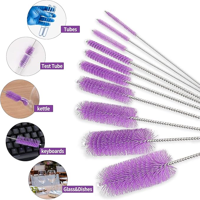 CiaraQ Bottle Cleaning Brushes, 8 Inch Nylon Tube Brush Set, Cleaner for Narrow Neck Bottles Cups with Hook, Set of 10pcs. - Image 2