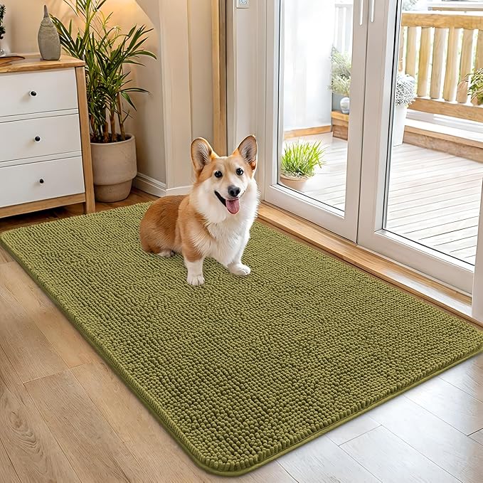 OLANLY Dog Door Mat for Muddy Paws 45x27, Absorbs Moisture and Dirt, Absorbent Non-Slip Washable Doormat, Quick Dry Chenille Mud Mat, Entry Indoor Entryway Carpet for Inside Floor, Willow Green by OLANLY