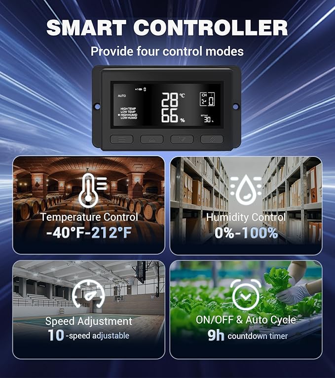 YOZON 12 Inch Attic Fan with Thermostat, Garage Exhaust Fan with Smart Temperature Humidity Controller, EC Motor, 1300 CFM, 10-Speed Adjustable for Chicken Coops, Greenhouses, Workshop Ventilation - Image 6