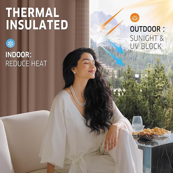 RYB HOME Extra Wide Outdoor Curtains for Patio Waterproof Tab Top Heavy Duty Thermal Insulated in Summer Full Coverage Privacy for Porch, Gazebo & Pergola, W100 x L108, Mocha, 1 Panel - Image 3
