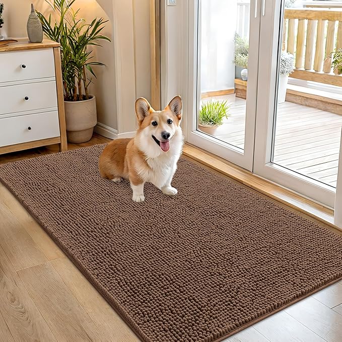 OLANLY Dog Door Mat for Muddy Paws 54x32, Absorbs Moisture and Dirt, Absorbent Non-Slip Washable Doormat, Quick Dry Chenille Mud Mat for Dogs, Entry Indoor Entryway Carpet for Inside Floor, Mocha by OLANLY
