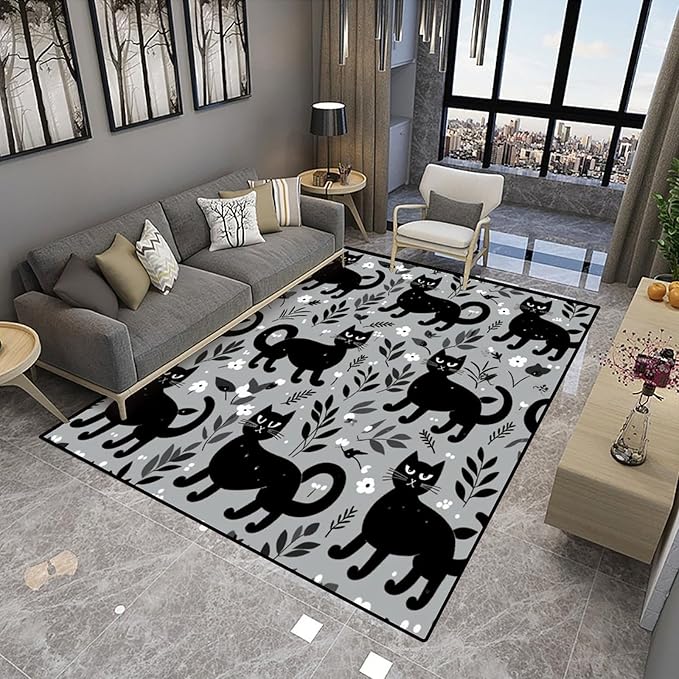 Area Rug Black Cats and Flowers, Pattern Printing, Non-Slip Area Rugs, Fade Resistant, Flame Resistant, Quick Dry, Stain Resistant, Waterproof Floor Carpet for Living Room Bedroom, 72 x 108 Inch - Image 4