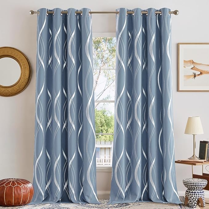NICETOWN Vintage Blue Patterned Blackout Curtain for Bedroom and Study Room, W52 x L84 inch, Wave Line Foil Print Design Drapes Temperature Balance for Room Divider, 2 Panels - Image 2