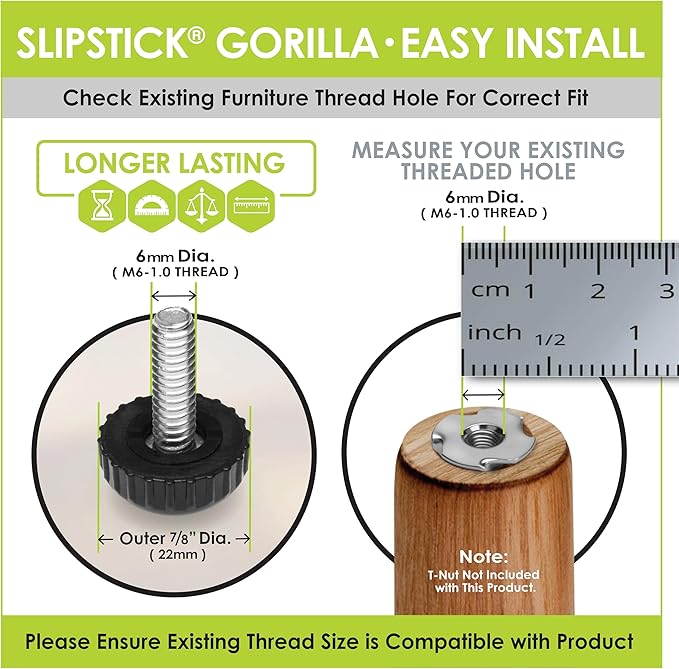 Slipstick Gorilla Outdoor Adjustable Furniture Levelers (8 Pack) Weatherproof Screw in Leg Glides for Chairs, Tables, and Outdoor Furniture Feet, 7/8 Inch Nylon Spherical Glide, M6 Thread - Image 4