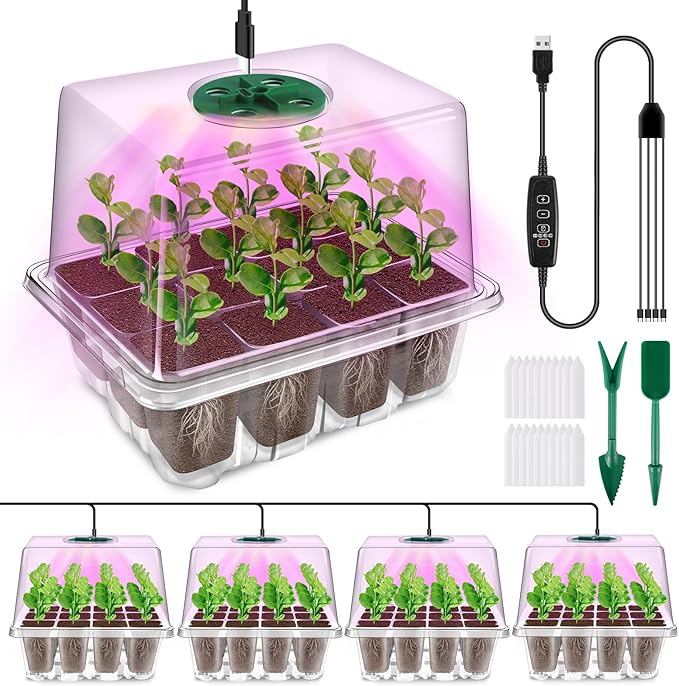 YAUNGEL Seed Starter Tray with Grow Light, 4 Pack Seed Starter Kit with Timing Controller Adjustable Brightness, Thicken Seedling Starter Trays with Humidity Domes Heightened Lids, Transparent by YAUNGEL