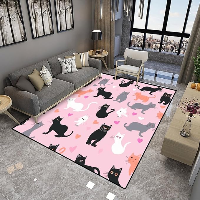 Floor Covering, Cartoon Cat with Love Heart, Floral Printing, Washable Area Rugs, Fade Resistant, Flame Resistant, Quick Dry, Stain Resistant, Waterproof Floor Carpet for Living Room, 72 x 108 Inch - Image 4