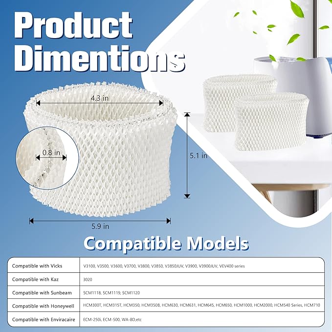 Funmit WF2 Humidifier Filter Replacement for Vicks Kaz Humidifier Starry Night Cool Mist V3500N V3700 V3100 V3900 Sunbeam 1118 1119 Honeywell HCM-300T HCM-350 WA-8D Enviracaire ECM-500 6 Pack - Image 3