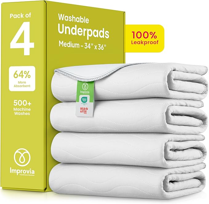 IMPROVIA® Washable Underpads, Heavy Absorbency Reusable Incontinence Pads for Kids, Adults, Elderly, and Pets - Waterproof Protection Floor White & White (4 Pack - 34x36) by IMPROVIA