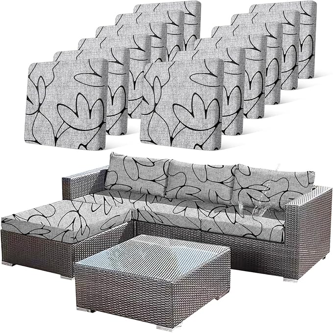 12PCS Waterproof Patio Sofa Covers with Elastic Floral Printed Stretch Outdoor Cushion Seat Covers Set of 12 Wicker Chair Washable Replacement(Grey,Cushions Not Included) by CALBODE