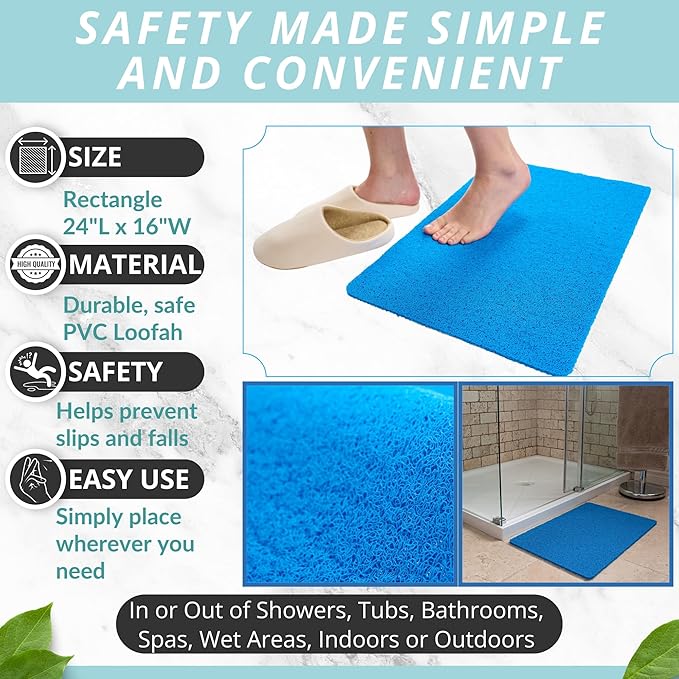 ENKOSI Loofah Non-Slip Shower and Bath Mat - Soft Cushioned Comfort - No Suction Cups for Smooth or Textured Tubs - Fast Draining - Safety for Bathroom, Family, Kids, and Elderly (24x16 Blue) - Image 3