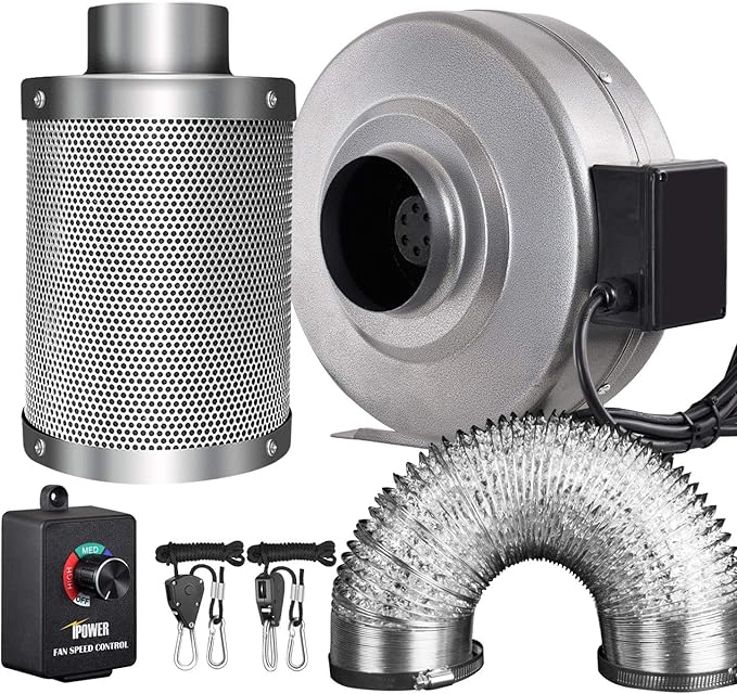 iPower GLFANXINL4FILT4MD8CTR 4 Inch 190 CFM Inline Fan Carbon Filter 8 Feet Ducting Combo with Variable Speed Controller and Rope Hanger for Grow Tent Ventilation, 4" Fan & Filter, Grey by iPower