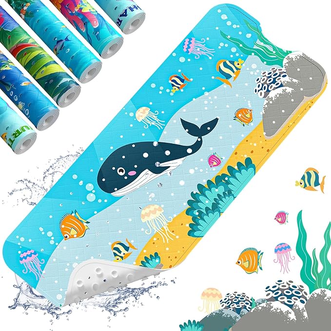 XIYUNTE Baby Bath Mat for Tub Non Slip Kids Bath Mat - 40''x16'' Extra Long Cartoon Bathtub Mat Non Slip Kids Shower Mat Eco-Friendly Toddler Bath Mats with Suction Cups, Machine Washable by XIYUNTE