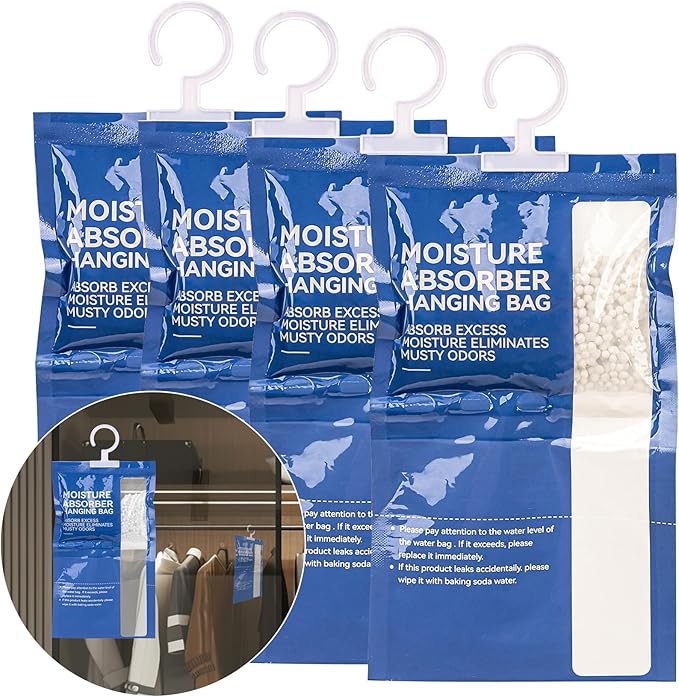 Dehumidifier Bags Hanging Moisture Absorbers – 4 Packs Dehumidifiers for Home Closet Bathroom Basement, Hanging Bag Desiccant Packs for Bedroom RV Camper, Odor Absorber Household Essentials by Unknown