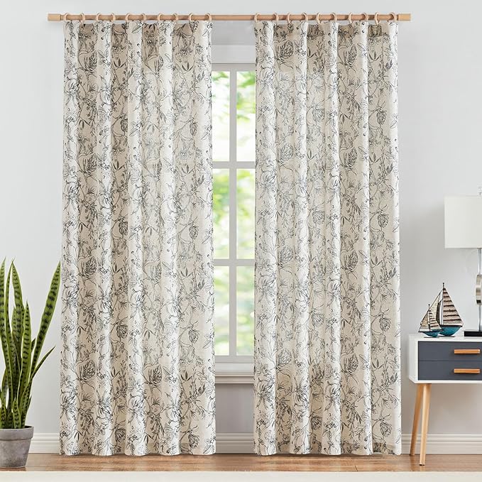 jinchan Floral Curtains 90 Inch Length Black Flower Linen Farmhouse Curtain for Living Room French Country Vintage Curtain Rod Pocket Curtains Set 2 Panels Balck Floral Printed - Image 2