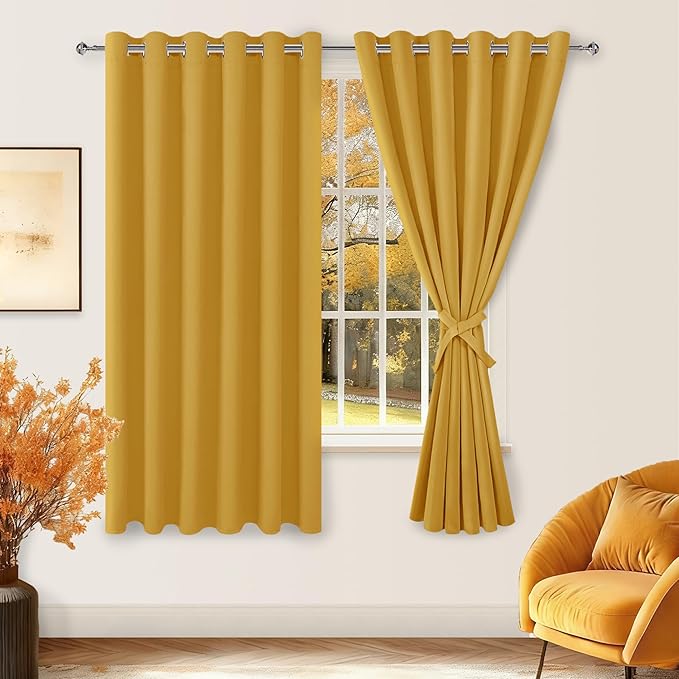 Hiasan Grommet Blackout Curtains for Bedroom, 70 x 63 Inches - Thermal Insulated & Light Blocking Window Drapes for Living Room/Dorm Room, Set of 2 Panels Sewn with Tiebacks, Mustard Yellow - Image 2