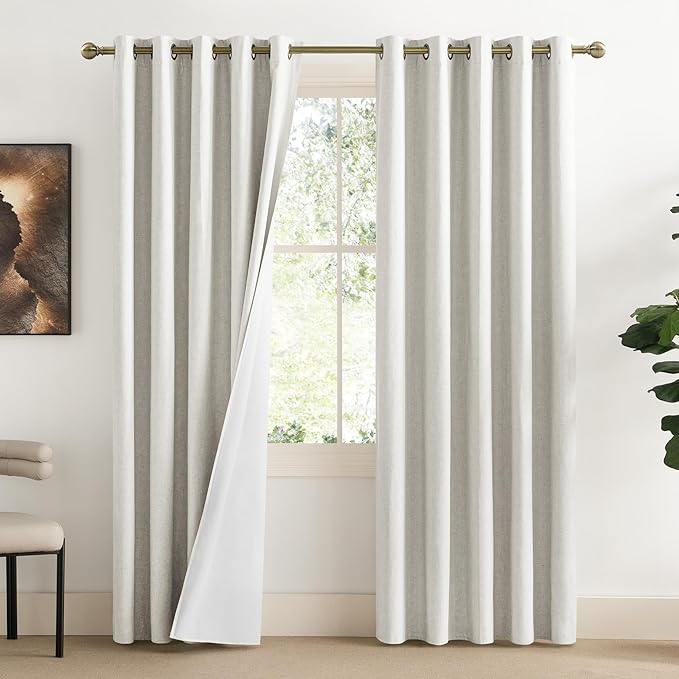 NICETOWN 100% Absolutely Blackout Linen Curtains with Thermal Insulated White Liner, Ivory, 62" Wide, 2 Pieces, Privacy Vertical Window Drapes for Office Laundry Living Room Windows 72 inch Long by NICETOWN