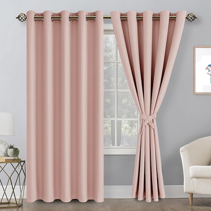 Hiasan Blackout Curtains for Bedroom, 60 x 84 Inches Long - Thermal Insulated Noise reducing Window Curtains for Living Room, 2 Drape Panels Sewn with Tiebacks, Blush - Image 2