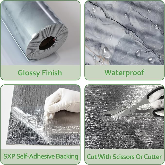 Marble Peel and Stick Waterproof Wall Paneling, 118" x 47" Pietra Grey Glossy Finish Self-Adhesive Backsplash Tile Vinyl Wall Panel for Kitchen Bathroom Wall Decor, Covers 38.75 Sq. Ft. - Image 4