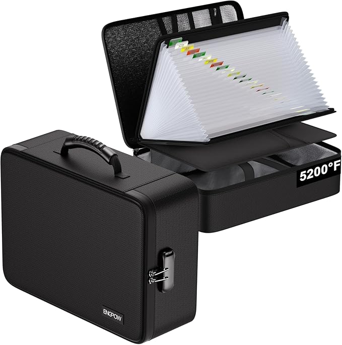 ENGPOW Fireproof Document Box with Lock,5200℉ Soft Case Fireproof Box with 25 Pocket Accordion File Folder,Multi-Layer Fireproof Water Resistant File Organizer Storage for Important Documents,Laptop by ENGPOW