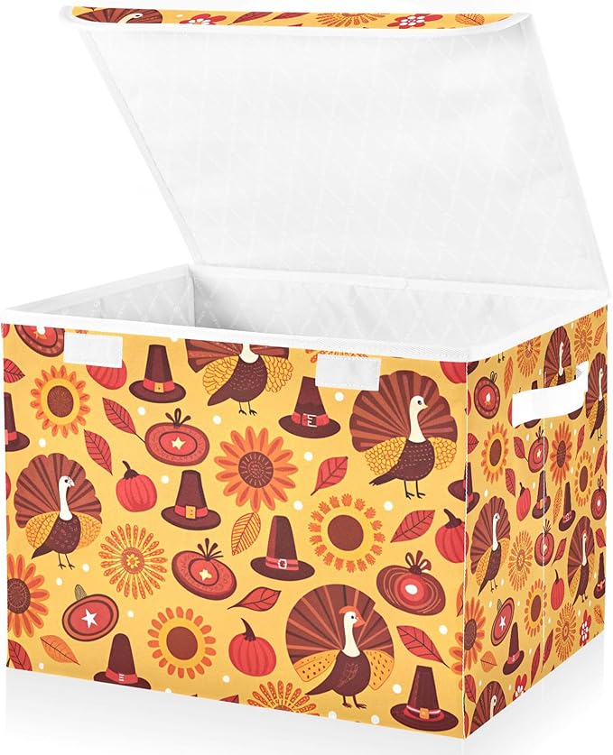xigua Thanksgiving Sunflower Turkey Storage Bins with Lids and Carrying Handle,Foldable Storage Boxes Organizer Containers Baskets Cube with Cover for Home Bedroom Closet Office - Image 2