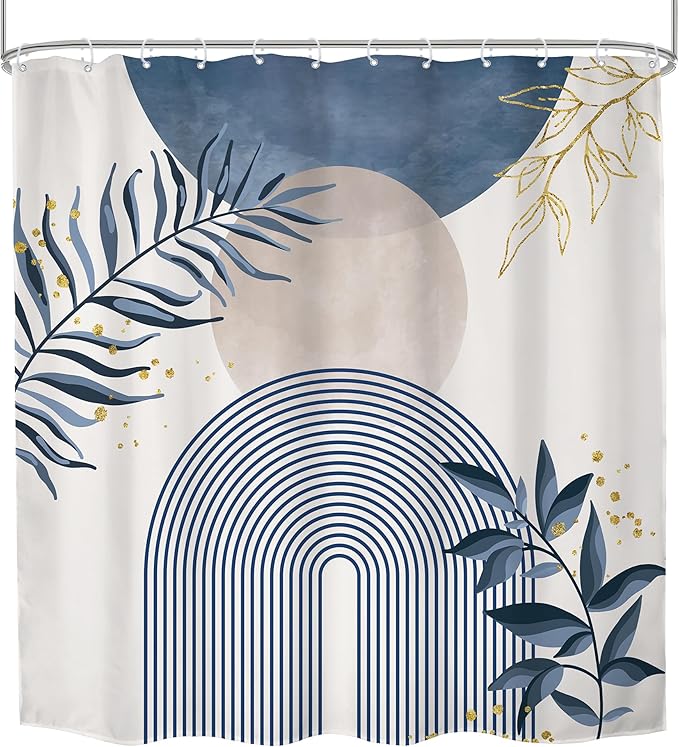 Blue Boho Shower Curtain 72Wx72H Modern Bohemian Abstract Leaves Plant Botanical Grey Mid Century Minimalist Arch Bathroom Decor Geometric Neutral Bath Curtain Fabric Polyester 12 Pack Hook - Image 7