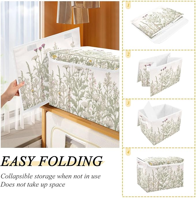 xigua Vintage Colorful Herbs and Wild Flowers Floral Storage Bins with Lids and Carrying Handle,Foldable Storage Boxes Organizer Containers Baskets Cube with Cover for Home Bedroom Closet Office - Image 3
