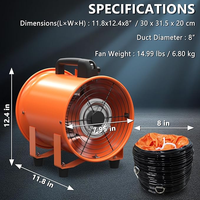 8 Inch Utility Blower Fan 900CFM Industrial Portable Exhaust Fan with 16.4Ft Duct Hose, 3300 r/min High Velocity Ventilation Extraction and Ventilation Fan - Image 3