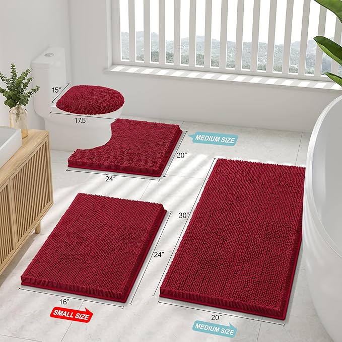 Smiry Luxury Chenille Bathroom Rugs 47x24, Extra Soft and Absorbent Shaggy Bath Mat, Machine Washable, Non-Slip Plush Carpet Runner for Tub, Shower, and Floor, Home Decor Accessories, Red - Image 2