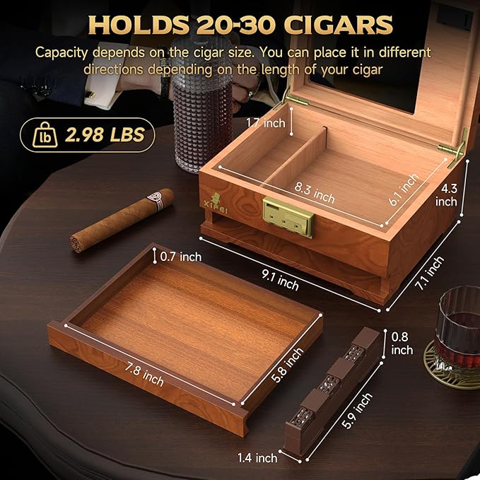 XIFEI Cigar Humidor Box, Cedar Wood Desktop Cigar Case with Digital Hygrometer, Humidifier, Divider, Accessories Drawer and Combination Lock, Glass Top Humidors Gift for Men (Brown) - Image 3