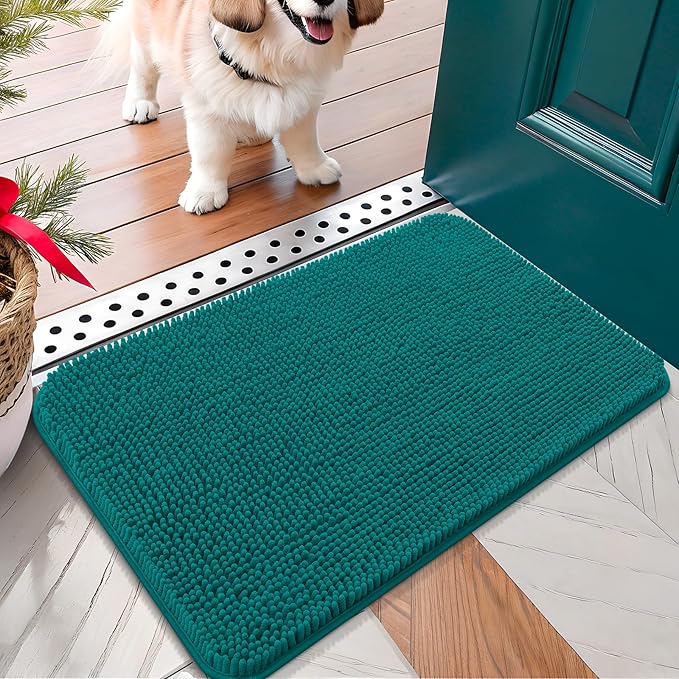 OLANLY Dog Door Mat for Muddy Paws 30x17, Absorbs Moisture and Dirt, Absorbent Non-Slip Washable Doormat, Quick Dry Chenille Mud Mat for Dogs, Entry Indoor Entryway Carpet for Inside Floor, Lake Blue by OLANLY