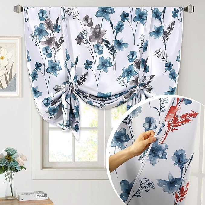 H.VERSAILTEX Double Sided Floral Pattern Printed Tie Up Curtains Thermal Insulated Blackout Short Curtain Bathroom Curtain Rod Pocket Panel, Reversible in Blue/Coral, 42 inches W x 63 inches L by HVERSAILTEX